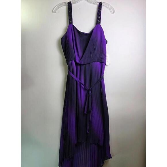 Purple Ombré Pleated High-Low Dress With Embellished Straps & Waist Tie - Sz 10 - Picture 5 of 9